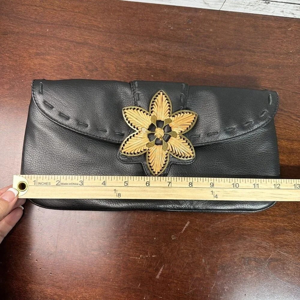 Coldwater Creek Women's Boho Leather Metal Cane Flower Clutch Bag Black Tan NWOT